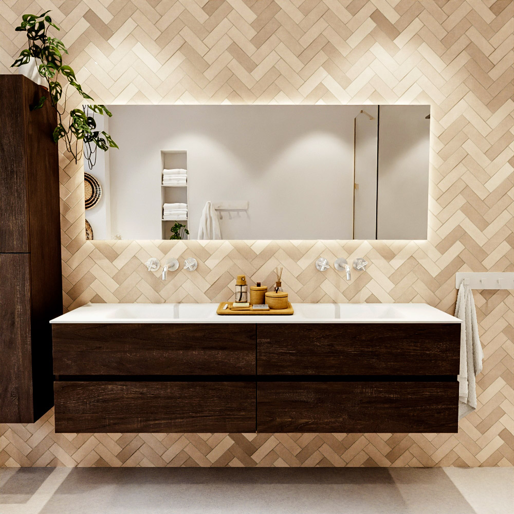 MONDIAZ VICA 180cm mueble de baño Dark Brown 4 cajones. Lavabo CLOUD Doble sin orificio, color Talc. 2 color Talc.