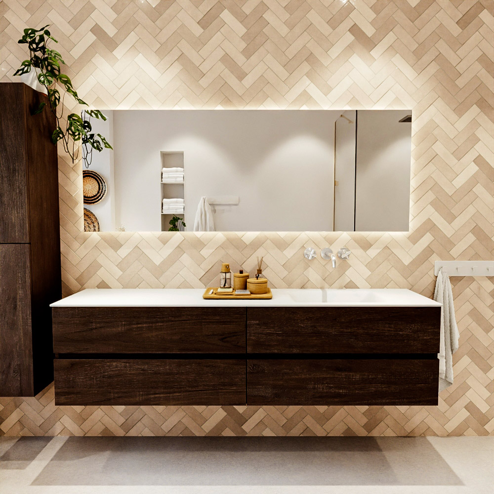 MONDIAZ VICA 190cm mueble de baño Dark Brown 4 cajones. Lavabo CLOUD Derecho sin orificio, color Talc. 2 color Talc.