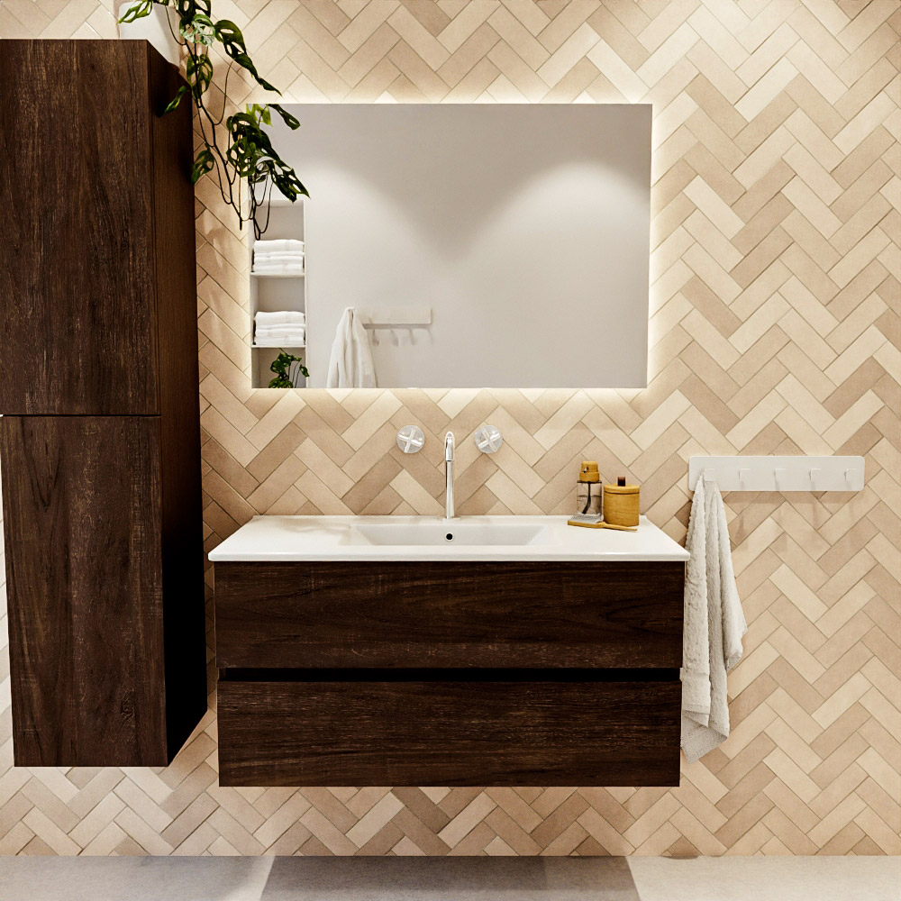 MONDIAZ VICA 100cm mueble de baño Dark Brown 2 cajones. Lavabo DENIA Centro 1 orificio, color Blanco brillo. 2 color Blanco brillo.