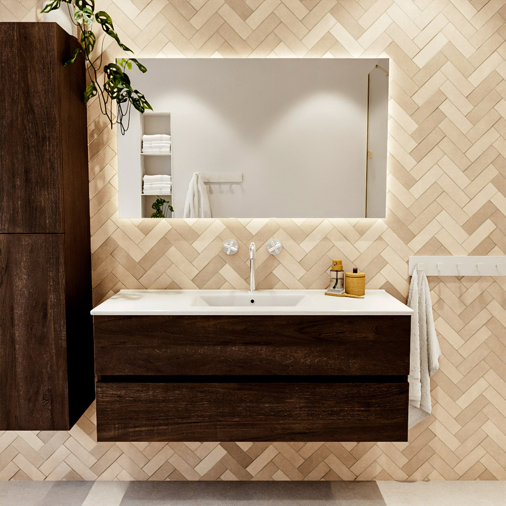 MONDIAZ VICA 120cm mueble de baño Dark Brown 2 cajones. Lavabo DENIA Centro 1 orificio, color Blanco brillo. 2 color Blanco brillo.