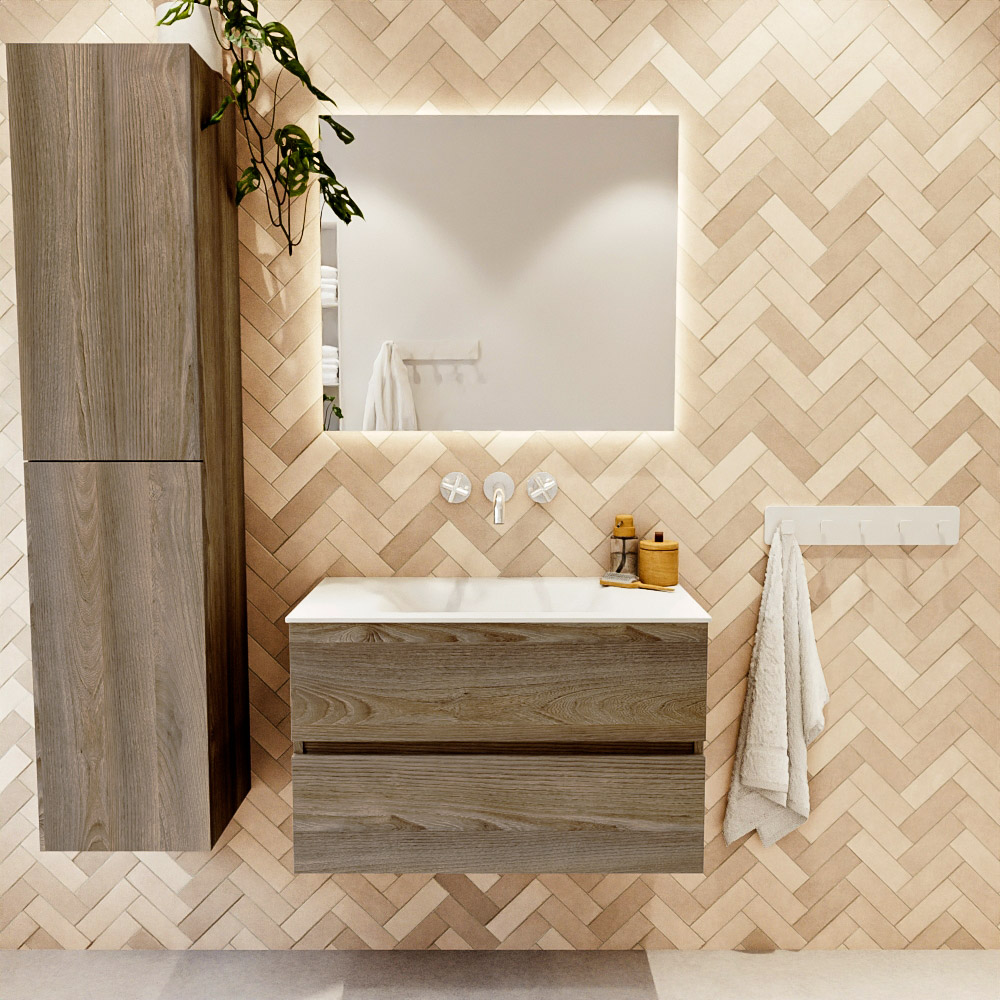 MONDIAZ VICA 80cm mueble de baño Dark Brown Grey 2 cajones. Lavabo CLOUD Centro sin orificio, color Talc. 2 color Talc.