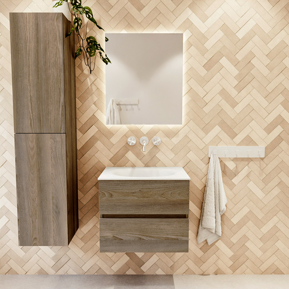 MONDIAZ VICA 60cm mueble de baño Dark Brown Grey 2 cajones. Lavabo MOON Centro sin orificio, color Talc. 2 color Talc.