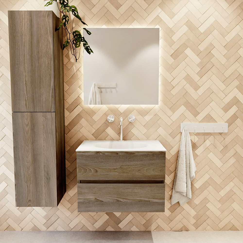 MONDIAZ VICA 70cm mueble de baño Dark Brown Grey 2 cajones. Lavabo MOON Centro 1 orificio, color Talc. 2 color Talc.