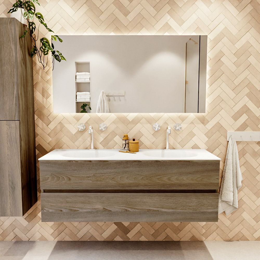 MONDIAZ VICA 140cm mueble de baño Dark Brown Grey 2 cajones. Lavabo MOON Doble 2 orificios, color Talc. 2 color Talc.