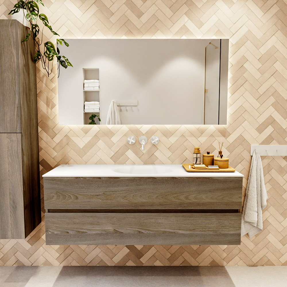 MONDIAZ VICA 140cm mueble de baño Dark Brown Grey 2 cajones. Lavabo MOON Centro sin orificio, color Talc. 2 color Talc.
