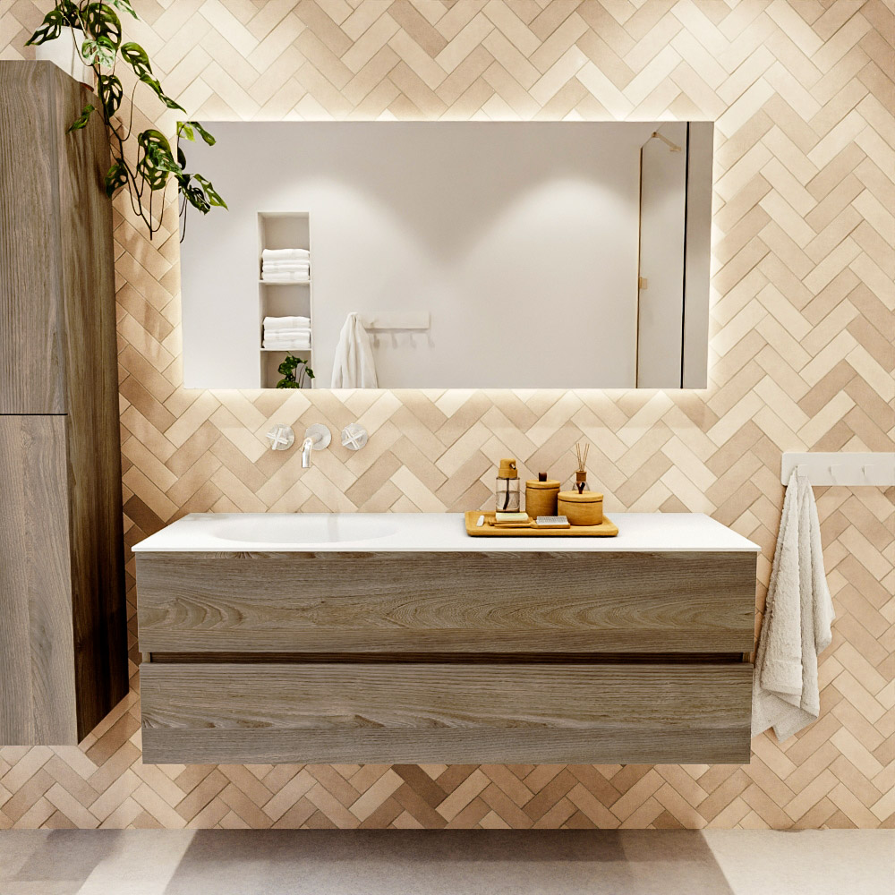 MONDIAZ VICA 140cm mueble de baño Dark Brown Grey 2 cajones. Lavabo MOON Izquierda sin orificio, color Talc. 2 color Talc.