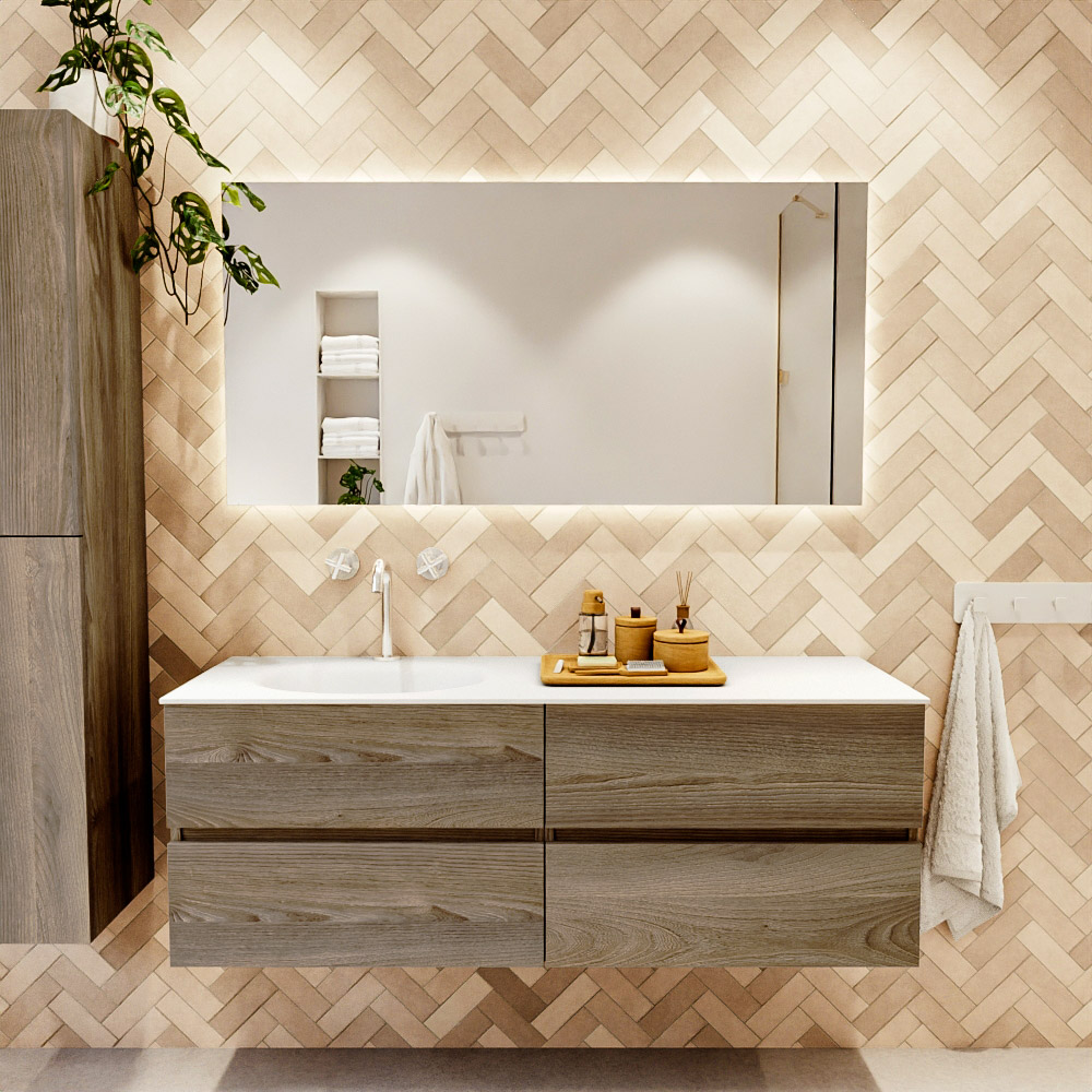 MONDIAZ VICA 140cm mueble de baño Dark Brown Grey 4 cajones. Lavabo MOON Izquierda 1 orificio, color Talc. 2 color Talc.