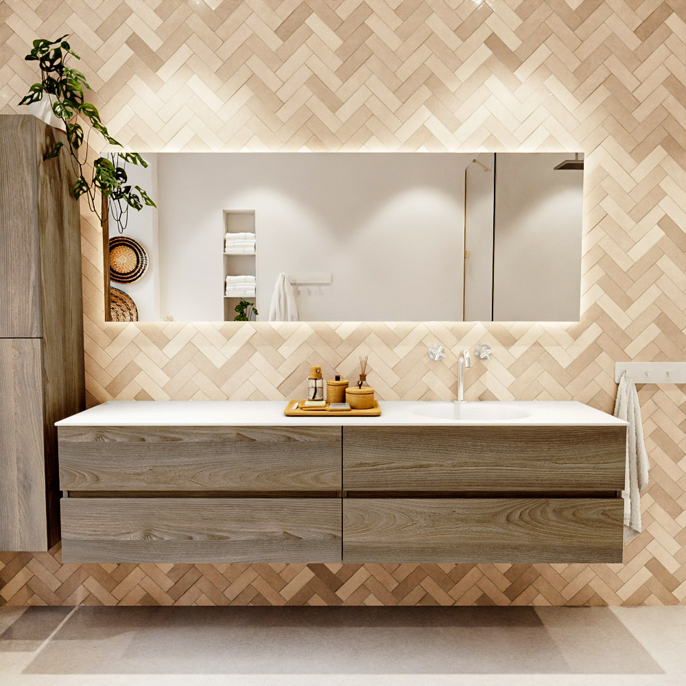 MONDIAZ VICA 200cm mueble de baño Dark Brown Grey 4 cajones. Lavabo MOON Derecho 1 orificio, color Talc. 2 color Talc.