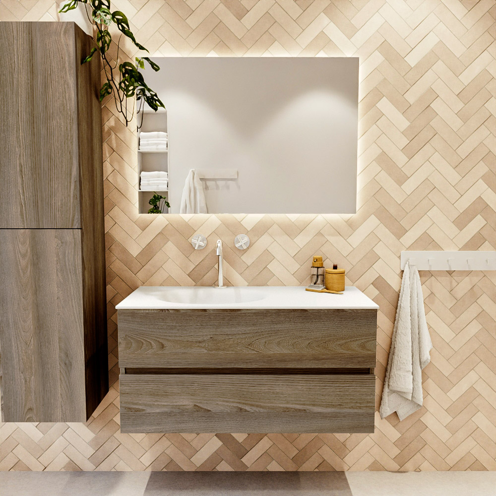 MONDIAZ VICA 100cm mueble de baño Dark Brown Grey 2 cajones. Lavabo MOON Izquierda 1 orificio color Talc con espejo LED. 2 MONDIAZ VICA 100cm mueble de baño Dark Brown Grey 2 cajones. Lavabo MOON Izquierda 1 orificio color Talc con espejo LED. - Imagen 2