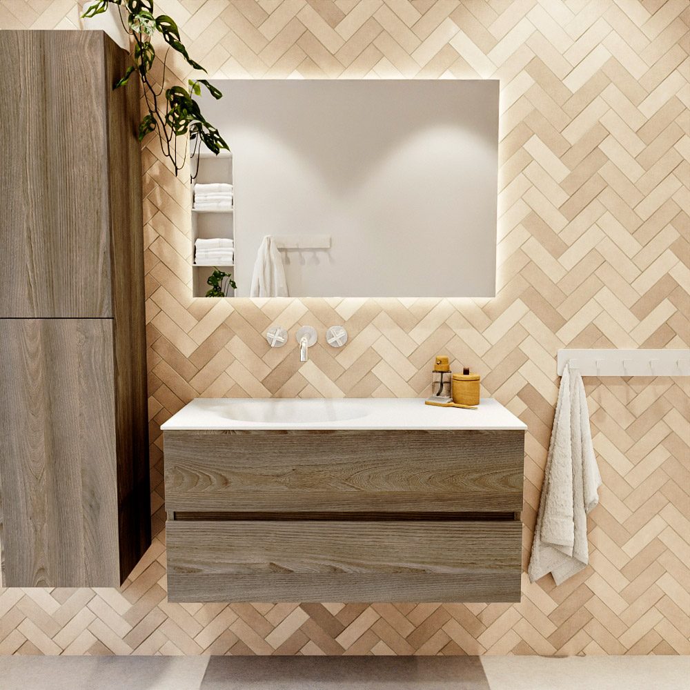 MONDIAZ VICA 100cm mueble de baño Dark Brown Grey 2 cajones. Lavabo MOON Izquierda sin orificio color Talc con espejo LED. 2 MONDIAZ VICA 100cm mueble de baño Dark Brown Grey 2 cajones. Lavabo MOON Izquierda sin orificio color Talc con espejo LED. - Imagen 2