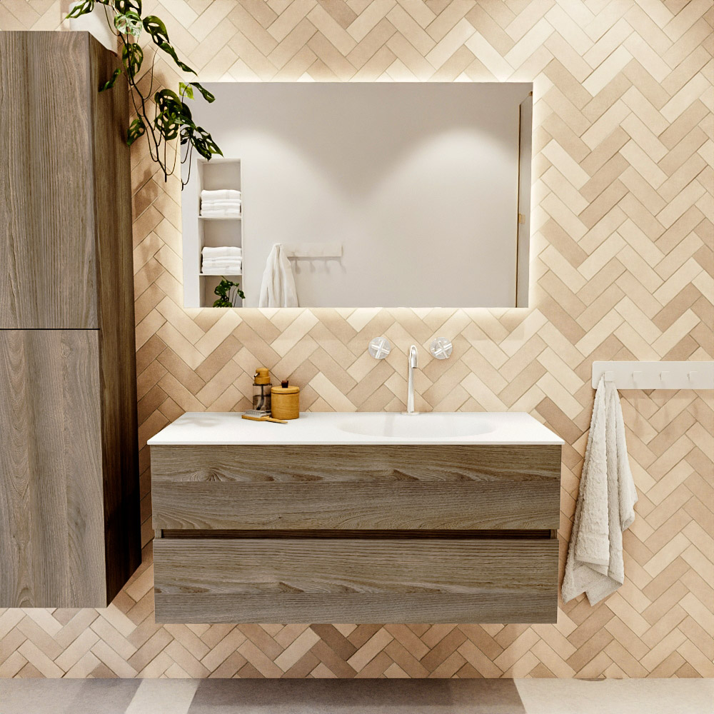 MONDIAZ VICA 110cm mueble de baño Dark Brown Grey 2 cajones. Lavabo MOON Derecho 1 orificio color Talc con espejo LED. 2 MONDIAZ VICA 110cm mueble de baño Dark Brown Grey 2 cajones. Lavabo MOON Derecho 1 orificio color Talc con espejo LED. - Imagen 2