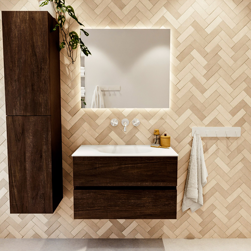 MONDIAZ VICA 80cm mueble de baño Dark Brown 2 cajones. Lavabo MOON Centro sin orificio, color Talc. 2 color Talc.
