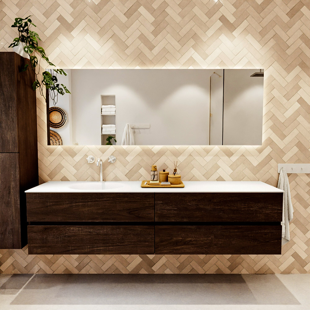 MONDIAZ VICA 200cm mueble de baño Dark Brown 4 cajones. Lavabo MOON Izquierda 1 orificio, color Talc. 2 color Talc.