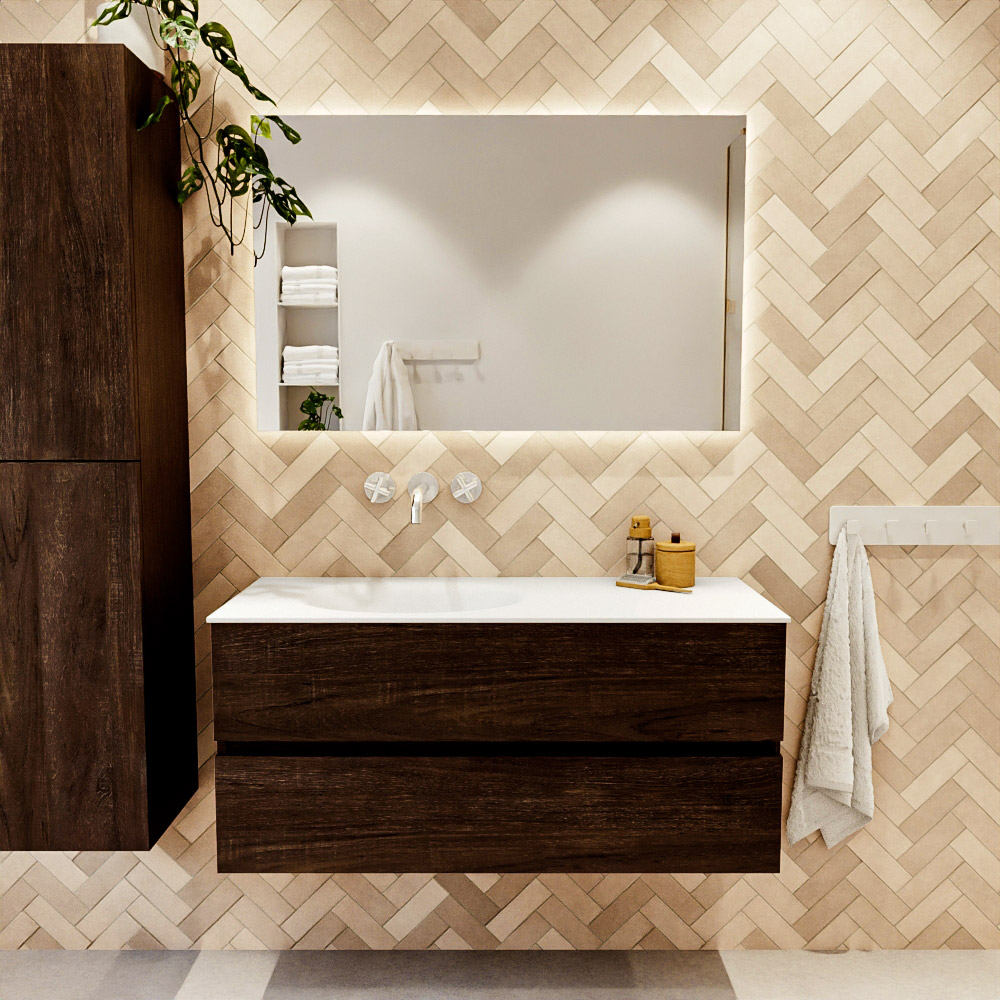 MONDIAZ VICA 110cm mueble de baño Dark Brown 2 cajones. Lavabo MOON Izquierda sin orificio color Talc con espejo LED. 2 MONDIAZ VICA 110cm mueble de baño Dark Brown 2 cajones. Lavabo MOON Izquierda sin orificio color Talc con espejo LED. - Imagen 2