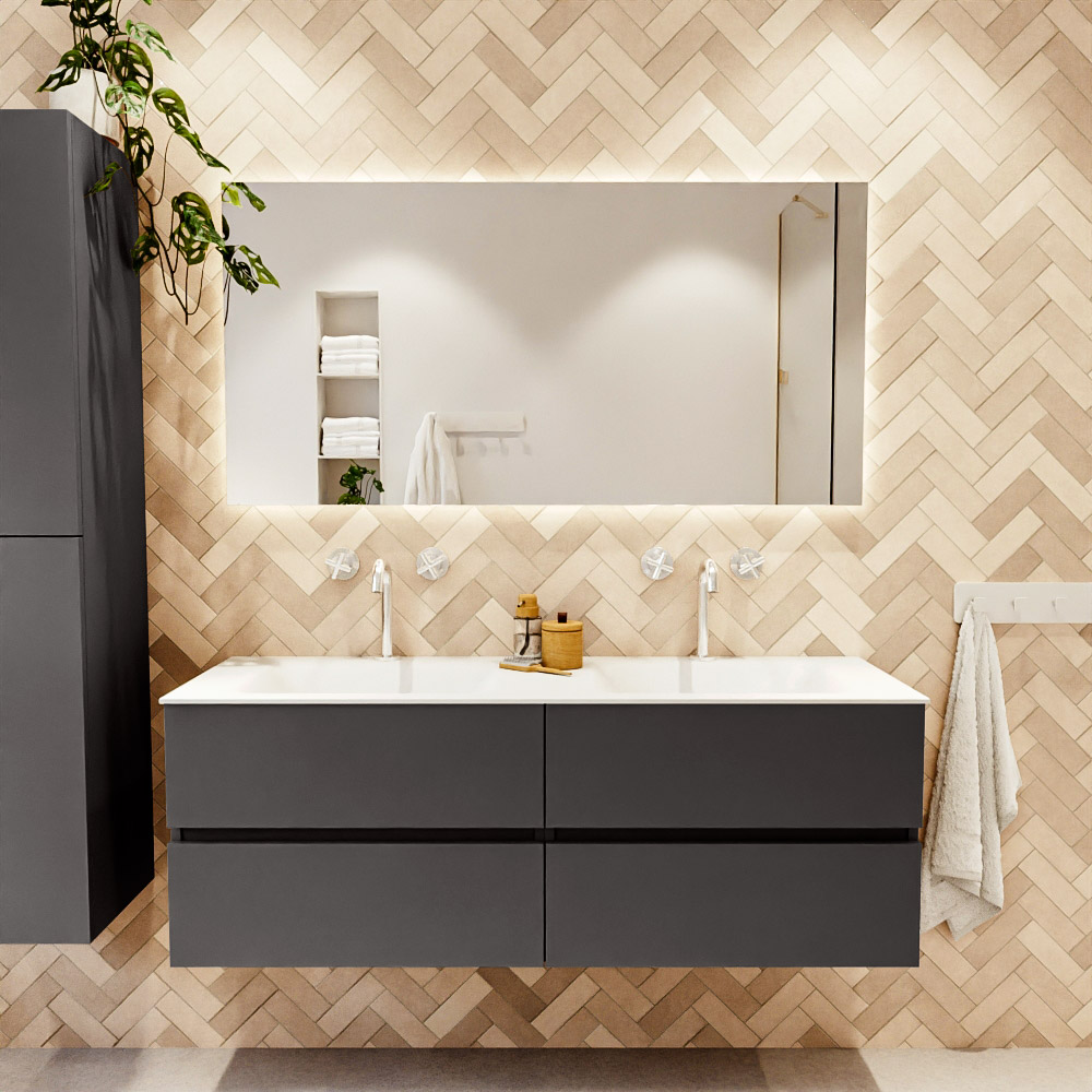 MONDIAZ VICA 140cm mueble de baño Dark Grey 4 cajones. Lavabo CLOUD Doble 2 orificios, color Talc. 2 color Talc.