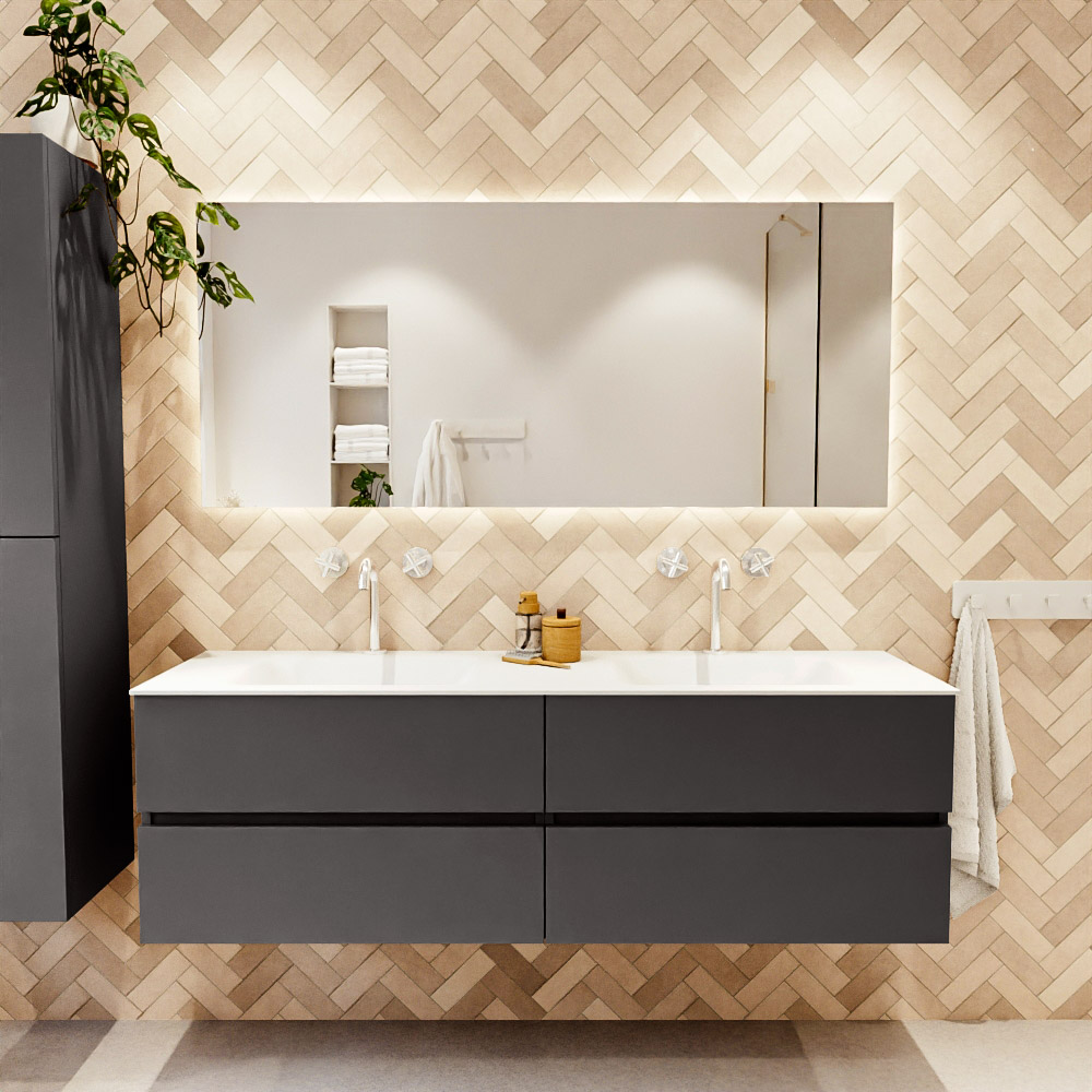 MONDIAZ VICA 160cm mueble de baño Dark Grey 4 cajones. Lavabo CLOUD Doble 2 orificios, color Talc. 2 color Talc.