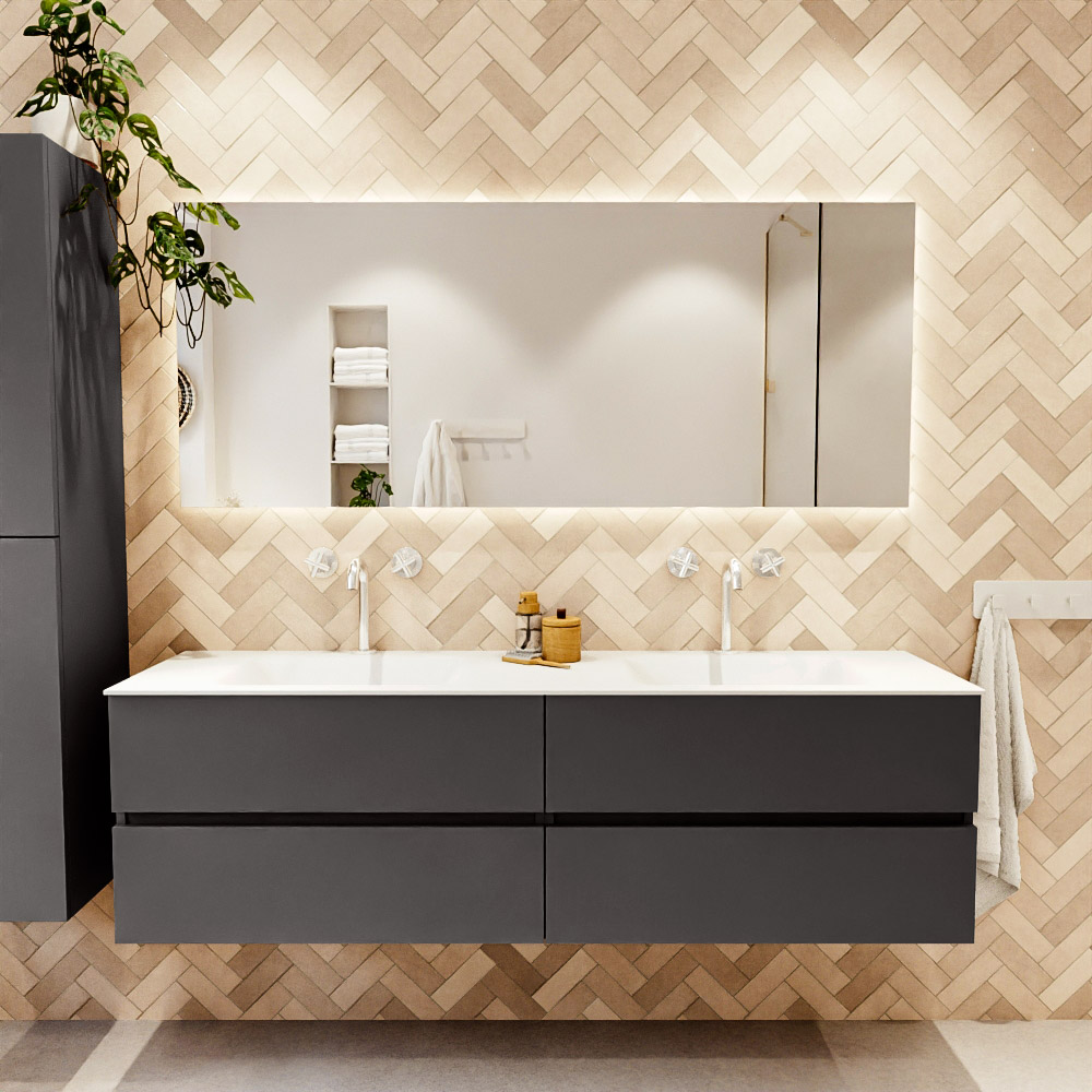MONDIAZ VICA 170cm mueble de baño Dark Grey 4 cajones. Lavabo CLOUD Doble 2 orificios, color Talc. 2 color Talc.