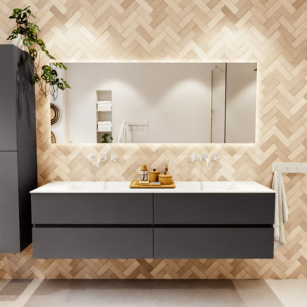 MONDIAZ VICA 180cm mueble de baño Dark Grey 4 cajones. Lavabo CLOUD Doble sin orificio, color Talc. 2 color Talc.