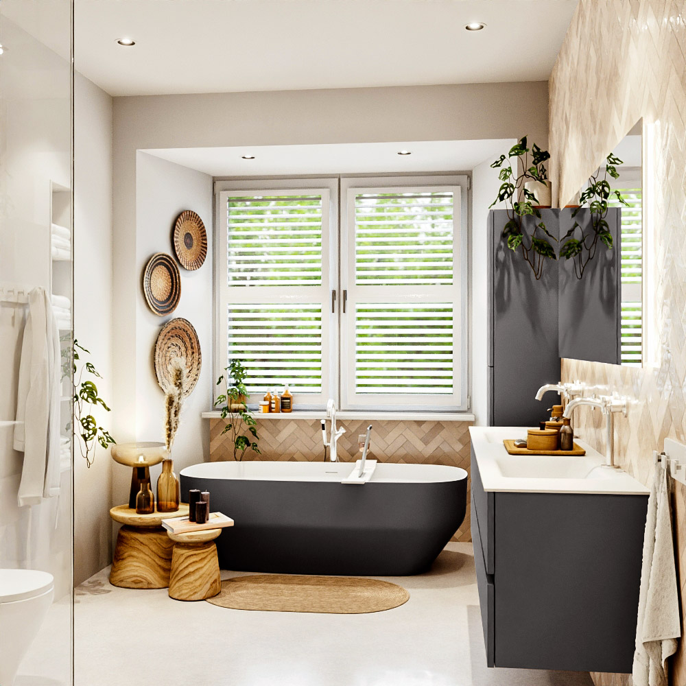 MONDIAZ VICA 180cm mueble de baño Dark Grey 4 cajones. Lavabo CLOUD Doble 2 orificios, color Talc. 3 MONDIAZ VICA 180cm mueble de baño Dark Grey 4 cajones. Lavabo CLOUD Doble 2 orificios, color Talc. - Imagen 3
