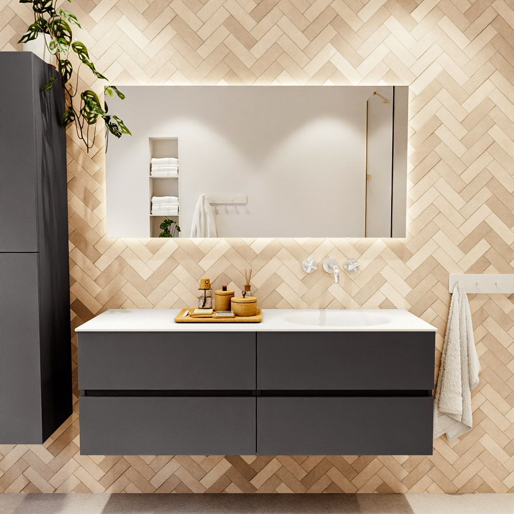 MONDIAZ VICA 140cm mueble de baño Dark Grey 4 cajones. Lavabo MOON Derecho sin orificio, color Talc. 2 color Talc.