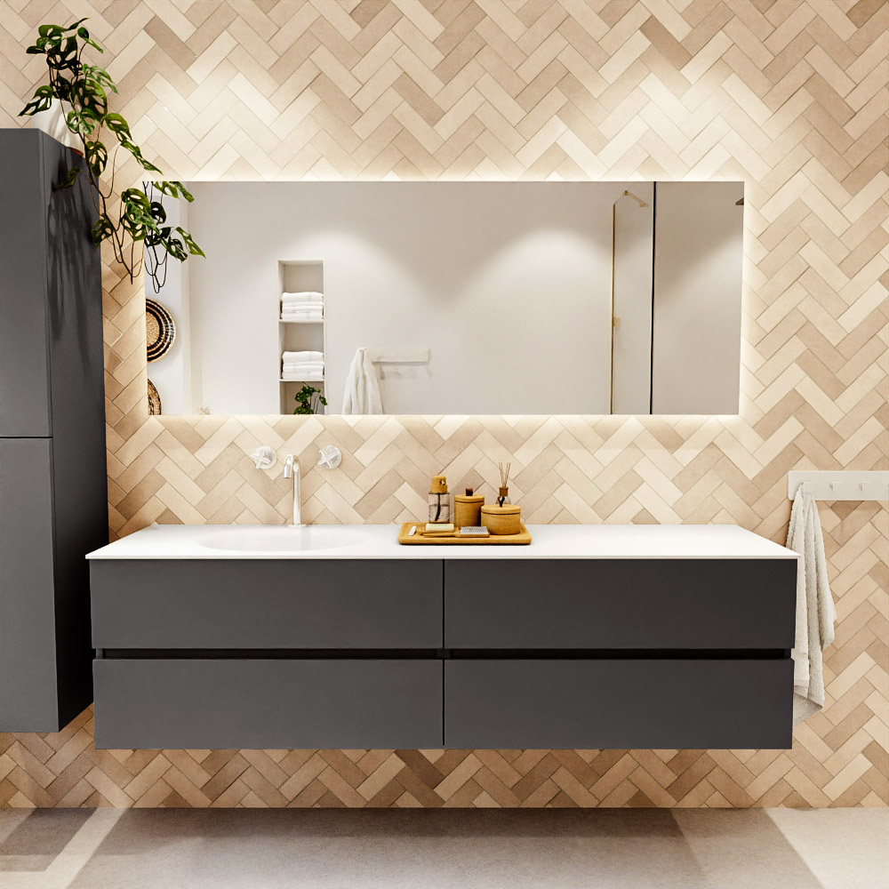 MONDIAZ VICA 180cm mueble de baño Dark Grey 4 cajones. Lavabo MOON Izquierda 1 orificio, color Talc. 2 color Talc.