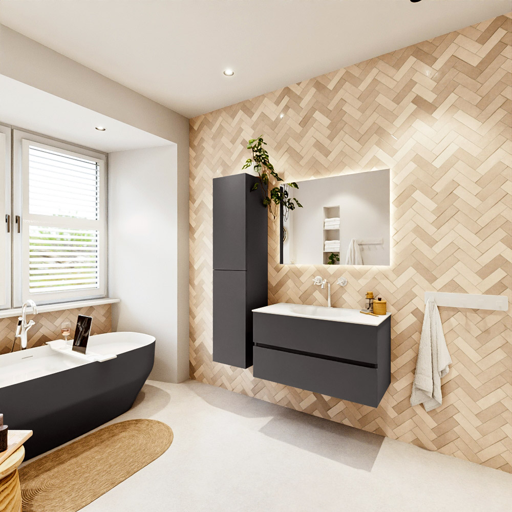 MONDIAZ VICA 90cm mueble de baño Dark Grey 2 cajones. Lavabo MOON Centro 1 orificio, color Talc. 4 MONDIAZ VICA 90cm mueble de baño Dark Grey 2 cajones. Lavabo MOON Centro 1 orificio, color Talc. - Imagen 4