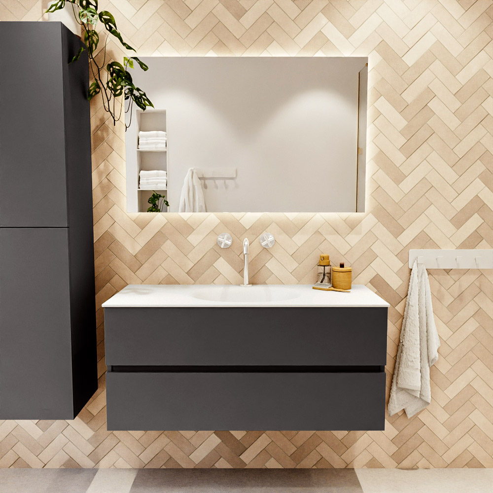 MONDIAZ VICA 110cm mueble de baño Dark Grey 2 cajones. Lavabo MOON Centro 1 orificio color Talc con espejo LED. 2 MONDIAZ VICA 110cm mueble de baño Dark Grey 2 cajones. Lavabo MOON Centro 1 orificio color Talc con espejo LED. - Imagen 2