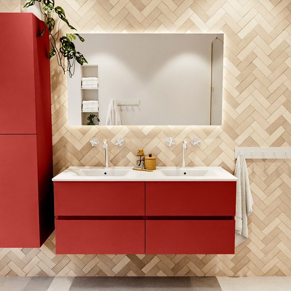 MONDIAZ VICA 120cm mueble de baño Fire 4 cajones. Lavabo DENIA Doble 2 orificios, color Blanco brillo. 2 color Blanco brillo.