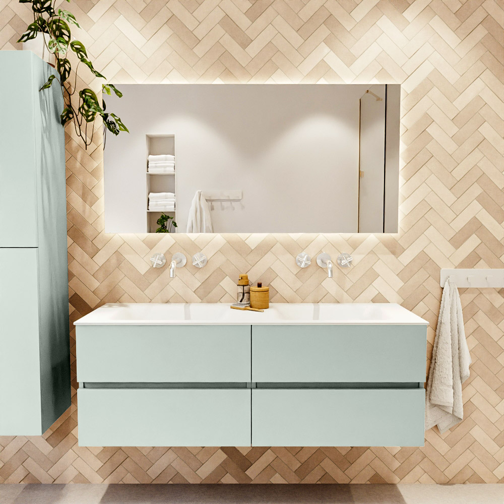 MONDIAZ VICA 140cm mueble de baño Greey 4 cajones. Lavabo CLOUD Doble sin orificio, color Talc. 2 color Talc.