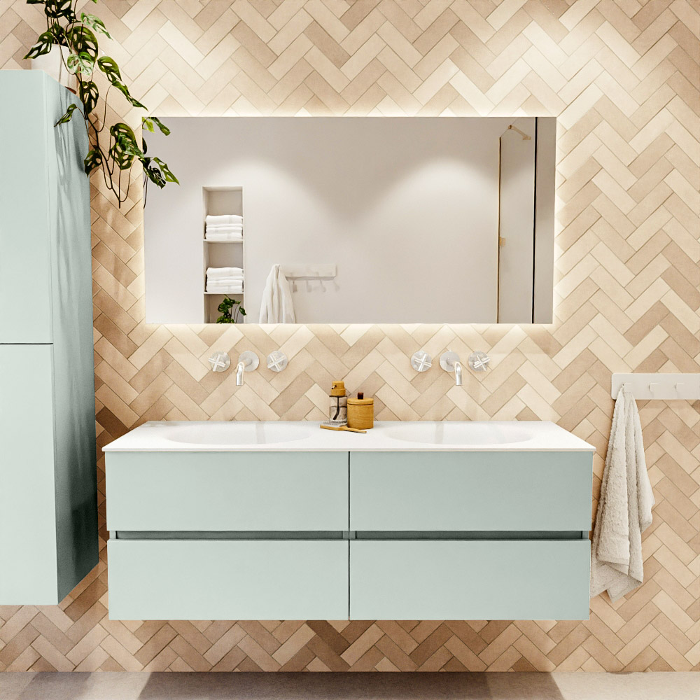 MONDIAZ VICA 140cm mueble de baño Greey 4 cajones. Lavabo MOON Doble sin orificio, color Talc. 2 color Talc.