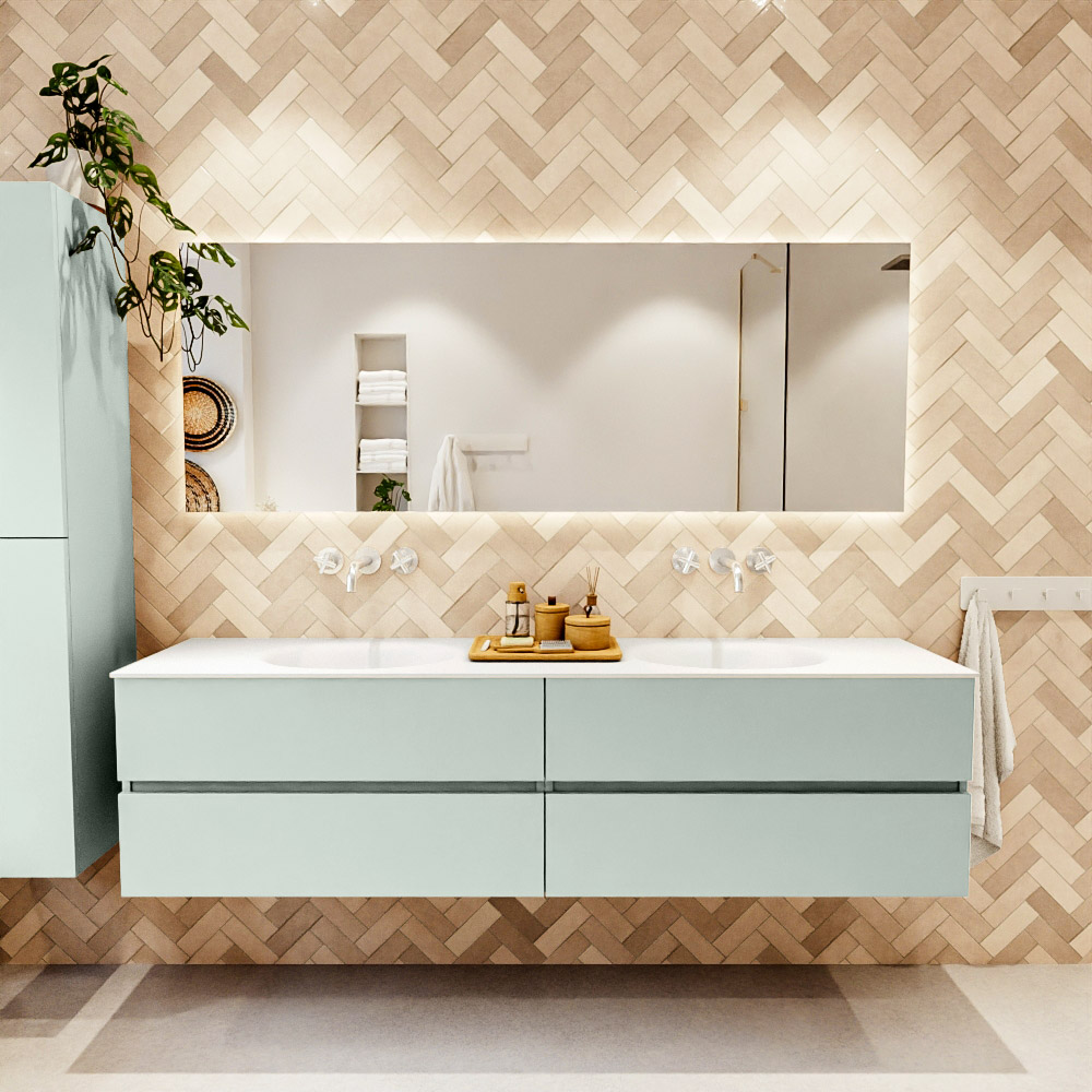 MONDIAZ VICA 190cm mueble de baño Greey 4 cajones. Lavabo MOON Doble sin orificio, color Talc. 2 color Talc.