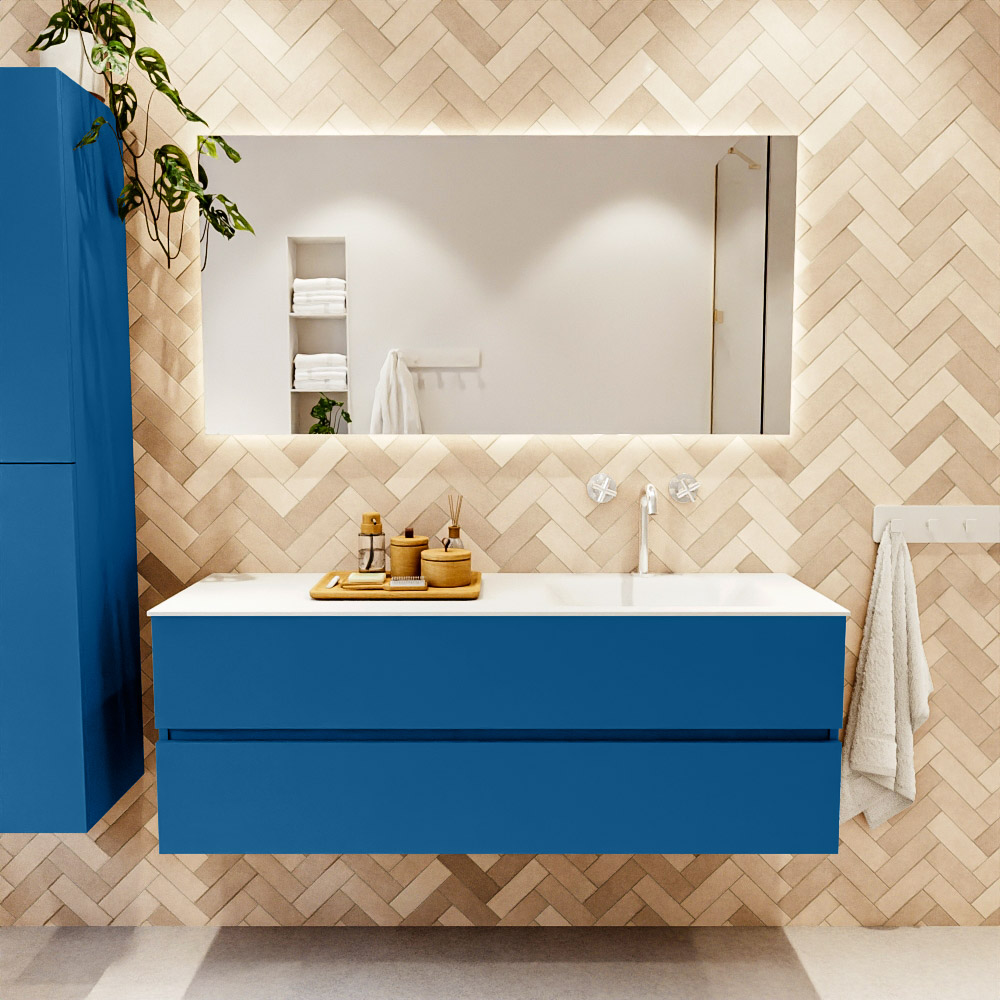 MONDIAZ VICA 140cm mueble de baño Jeans 2 cajones. Lavabo CLOUD Derecho 1 orificio, color Talc. 2 color Talc.