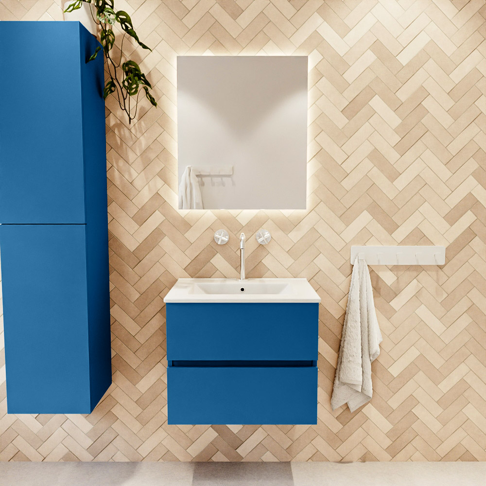 MONDIAZ VICA 60cm mueble de baño Jeans 2 cajones. Lavabo DENIA Centro 1 orificio, color Blanco brillo. 2 color Blanco brillo.