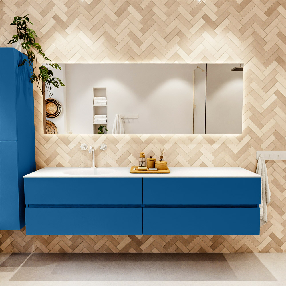 MONDIAZ VICA 200cm mueble de baño Jeans 4 cajones. Lavabo MOON Izquierda 1 orificio, color Talc. 2 color Talc.