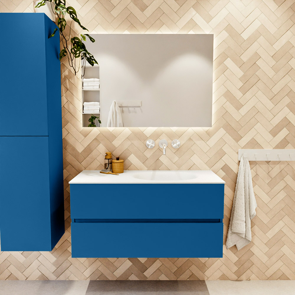 MONDIAZ VICA 100cm mueble de baño Jeans 2 cajones. Lavabo MOON Derecho sin orificio color Talc con espejo LED. 2 MONDIAZ VICA 100cm mueble de baño Jeans 2 cajones. Lavabo MOON Derecho sin orificio color Talc con espejo LED. - Imagen 2
