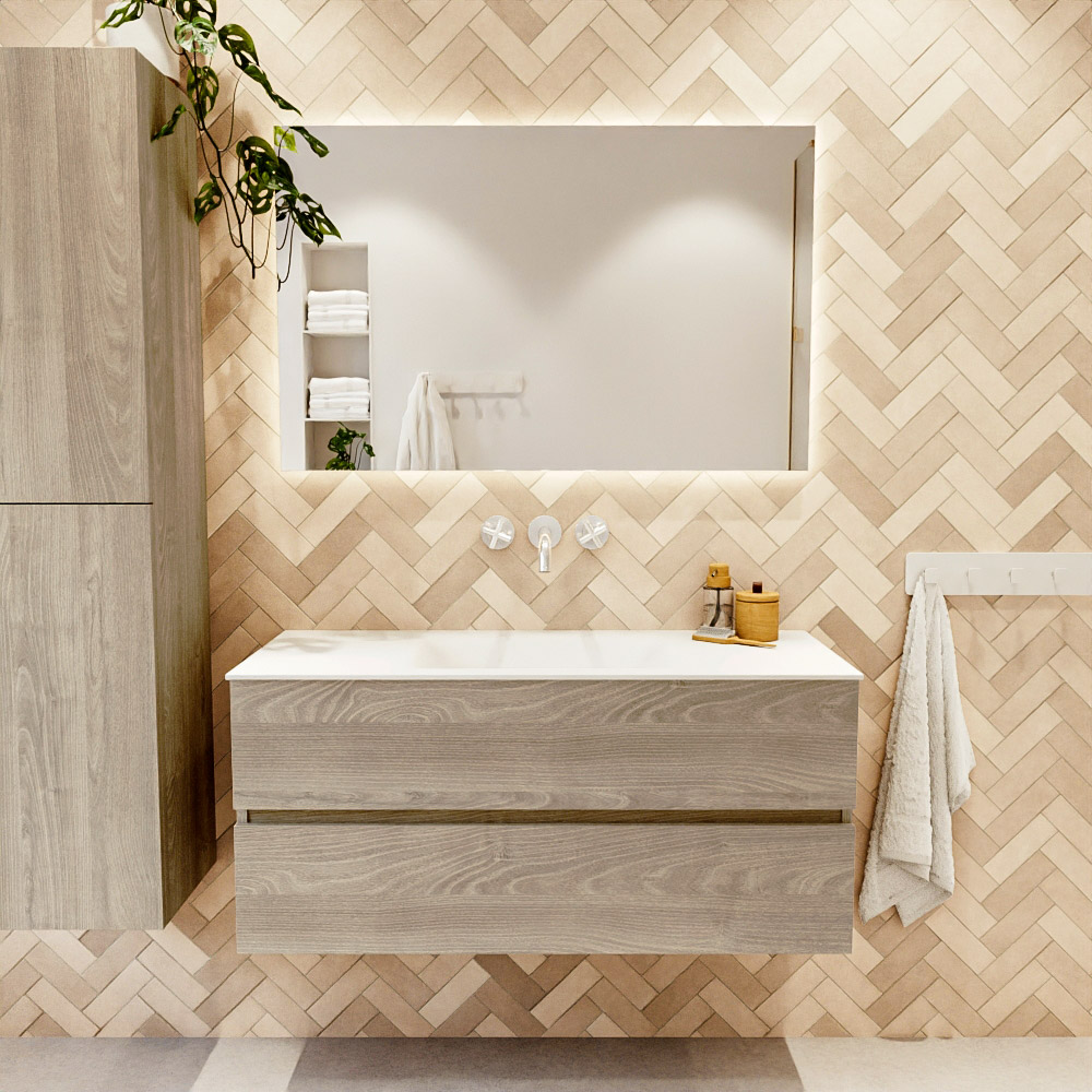 MONDIAZ VICA 110cm mueble de baño Light Brown Grey 2 cajones. Lavabo CLOUD Centro sin orificio color Talc con espejo LED. 2 MONDIAZ VICA 110cm mueble de baño Light Brown Grey 2 cajones. Lavabo CLOUD Centro sin orificio color Talc con espejo LED. - Imagen 2