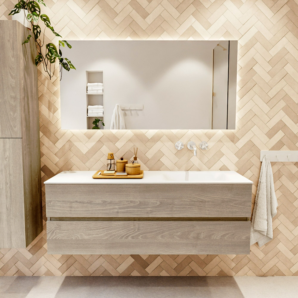 MONDIAZ VICA 140cm mueble de baño Light Brown Grey 2 cajones. Lavabo CLOUD Derecho sin orificio, color Talc. 2 color Talc.