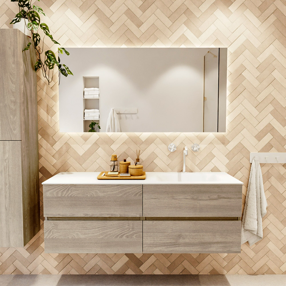 MONDIAZ VICA 140cm mueble de baño Light Brown Grey 4 cajones. Lavabo CLOUD Derecho 1 orificio, color Talc. 2 color Talc.