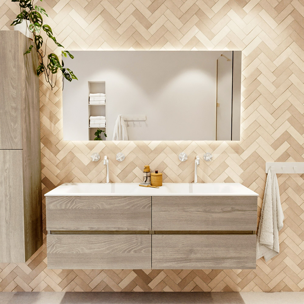 MONDIAZ VICA 140cm mueble de baño Light Brown Grey 4 cajones. Lavabo CLOUD Doble 2 orificios, color Talc. 2 color Talc.