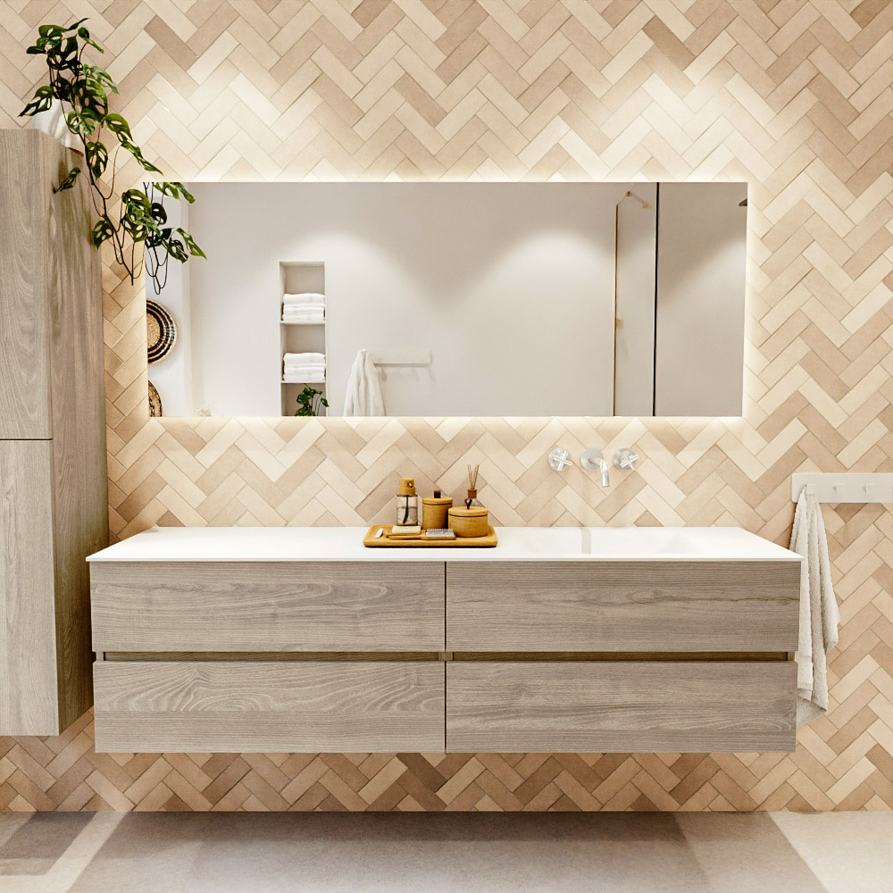 MONDIAZ VICA 180cm mueble de baño Light Brown Grey 4 cajones. Lavabo CLOUD Derecho sin orificio, color Talc. 2 color Talc.