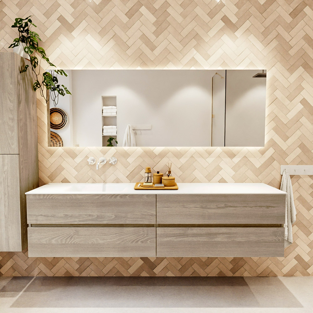 MONDIAZ VICA 200cm mueble de baño Light Brown Grey 4 cajones. Lavabo CLOUD Izquierda sin orificio, color Talc. 2 color Talc.