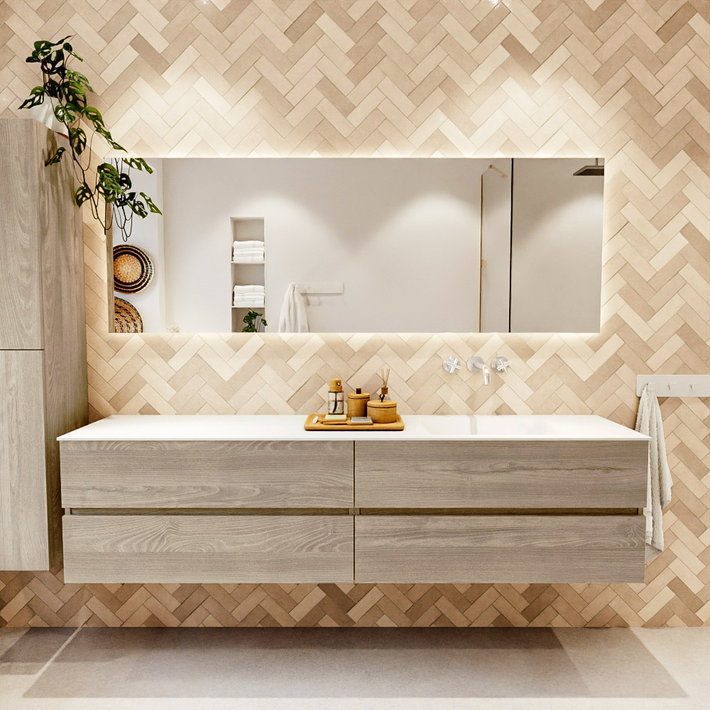 MONDIAZ VICA 200cm mueble de baño Light Brown Grey 4 cajones. Lavabo CLOUD Derecho sin orificio, color Talc. 2 color Talc.