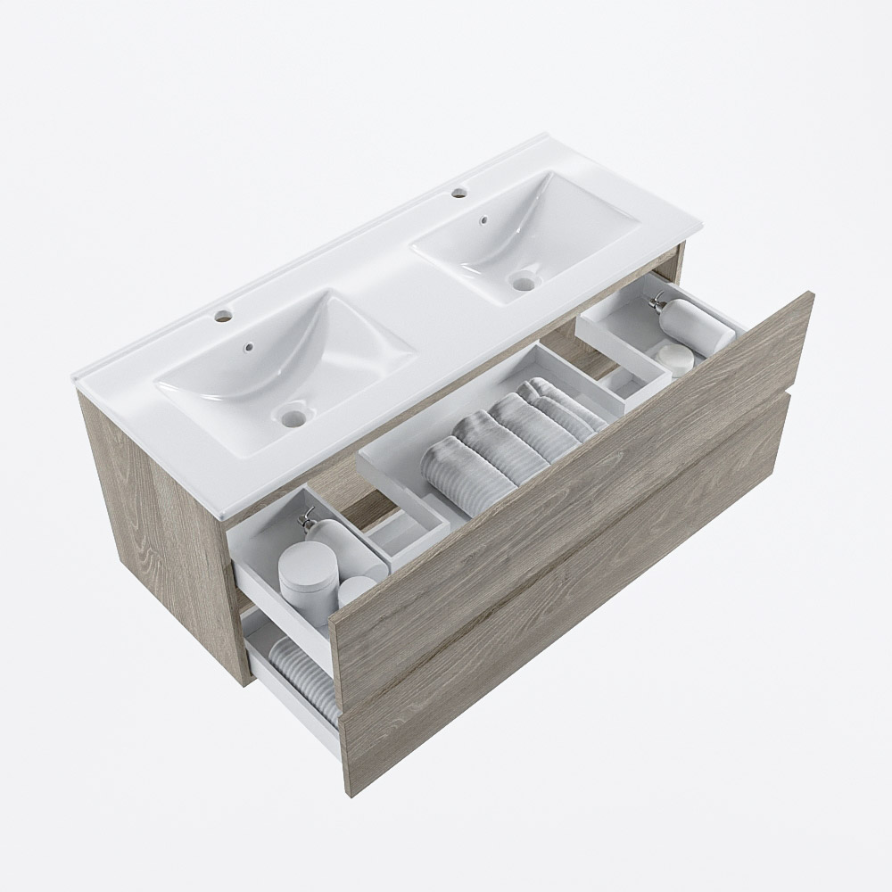 MONDIAZ VICA 120cm mueble de baño Light Brown Grey 2 cajones. Lavabo DENIA Doble 2 orificios, color Blanco brillo. 7 MONDIAZ VICA 120cm mueble de baño Light Brown Grey 2 cajones. Lavabo DENIA Doble 2 orificios, color Blanco brillo. - Imagen 7
