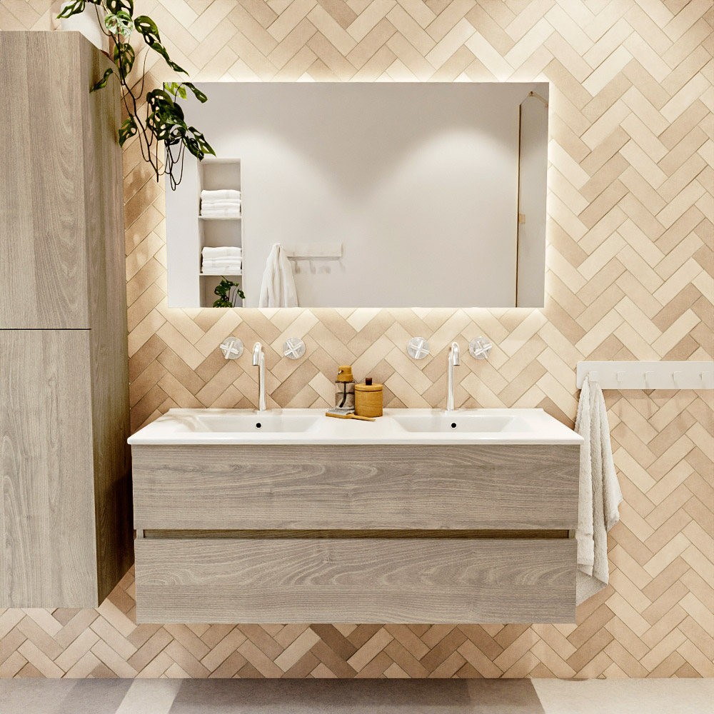 MONDIAZ VICA 120cm mueble de baño Light Brown Grey 2 cajones. Lavabo DENIA Doble 2 orificios, color Blanco brillo. 2 color Blanco brillo.