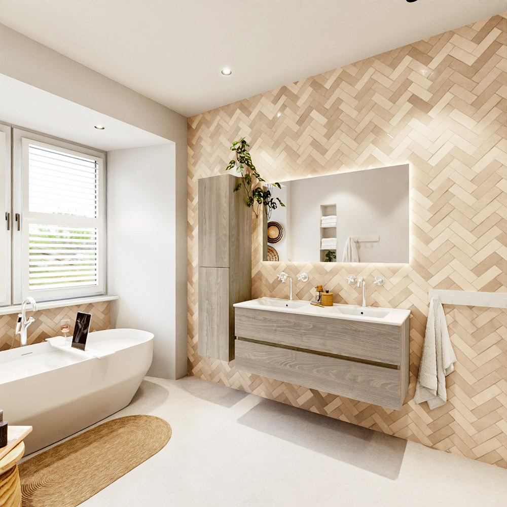 MONDIAZ VICA 120cm mueble de baño Light Brown Grey 2 cajones. Lavabo DENIA Doble 2 orificios, color Blanco brillo. 4 MONDIAZ VICA 120cm mueble de baño Light Brown Grey 2 cajones. Lavabo DENIA Doble 2 orificios, color Blanco brillo. - Imagen 4