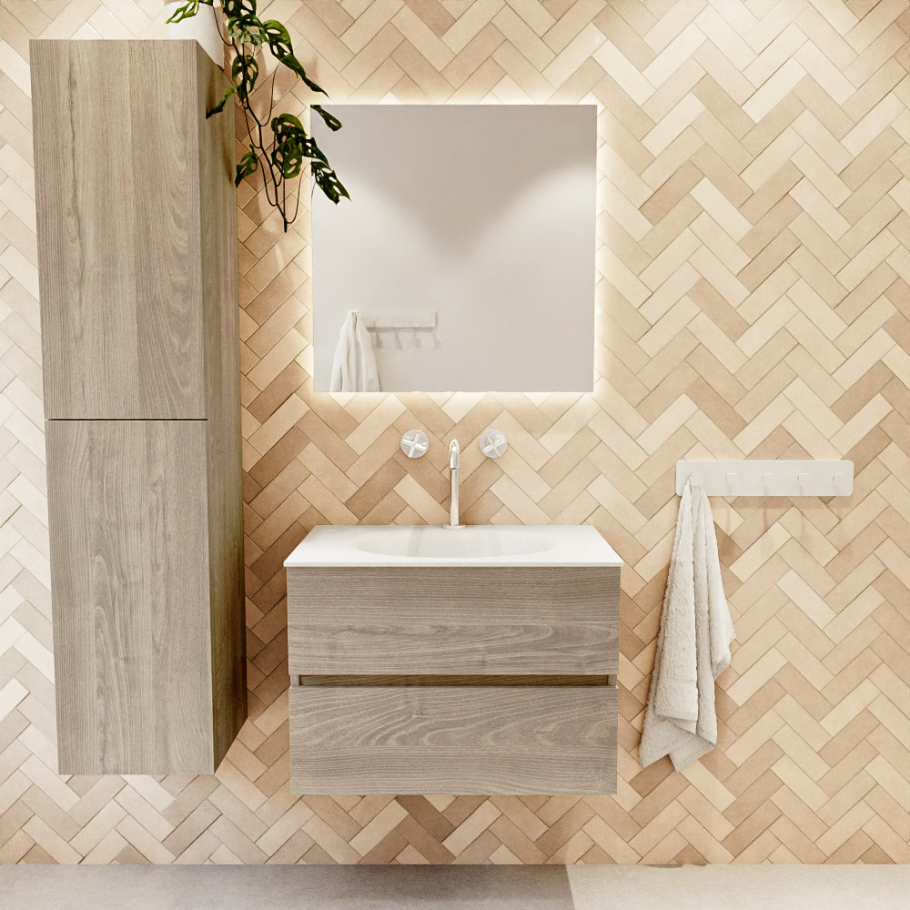 MONDIAZ VICA 70cm mueble de baño Light Brown Grey 2 cajones. Lavabo MOON Centro 1 orificio, color Talc. 2 color Talc.