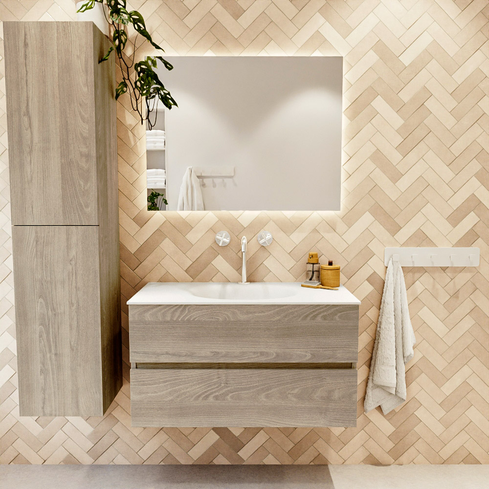 MONDIAZ VICA 90cm mueble de baño Light Brown Grey 2 cajones. Lavabo MOON Centro 1 orificio, color Talc. 2 color Talc.