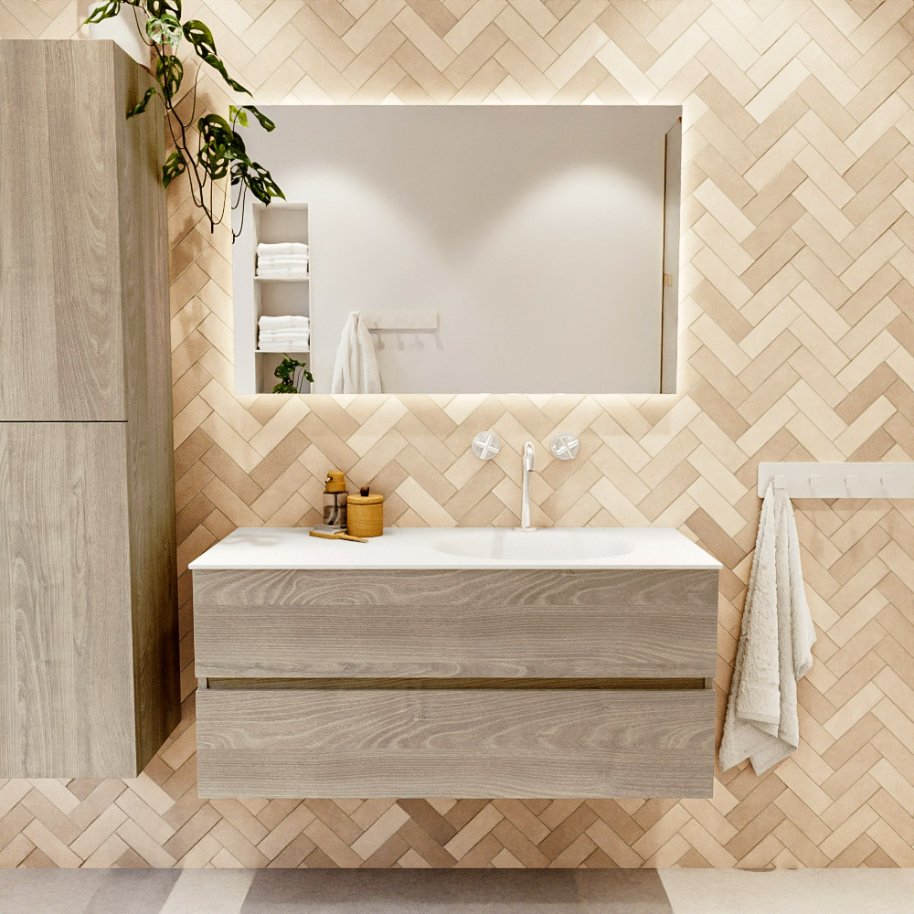 MONDIAZ VICA 110cm mueble de baño Light Brown Grey 2 cajones. Lavabo MOON Derecho 1 orificio color Talc con espejo LED. 2 MONDIAZ VICA 110cm mueble de baño Light Brown Grey 2 cajones. Lavabo MOON Derecho 1 orificio color Talc con espejo LED. - Imagen 2