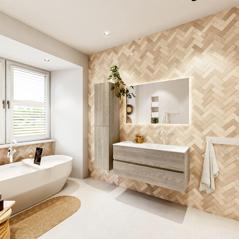MONDIAZ VICA 110cm mueble de baño Light Brown Grey 2 cajones. Lavabo MOON Derecho 1 orificio color Talc con espejo LED. 4 MONDIAZ VICA 110cm mueble de baño Light Brown Grey 2 cajones. Lavabo MOON Derecho 1 orificio color Talc con espejo LED. - Imagen 4