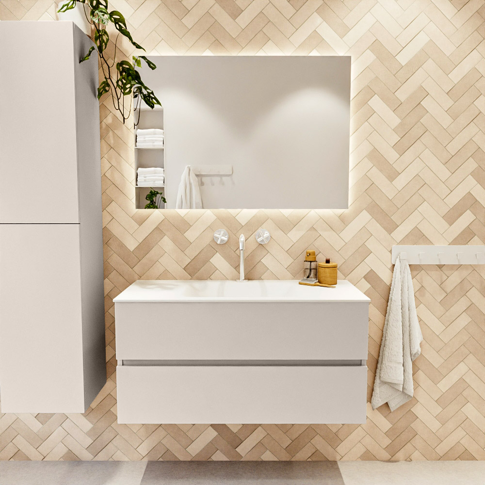 MONDIAZ VICA 100cm mueble de baño Linen 2 cajones. Lavabo CLOUD Centro 1 orificio color Talc con espejo LED. 2 MONDIAZ VICA 100cm mueble de baño Linen 2 cajones. Lavabo CLOUD Centro 1 orificio color Talc con espejo LED. - Imagen 2